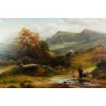 GEORGE TURNER (1843-1910) Oil painting mountainous landscape with stream and bridge, woman and child