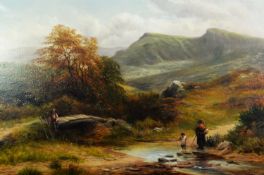 GEORGE TURNER (1843-1910) Oil painting mountainous landscape with stream and bridge, woman and child