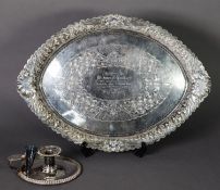 EDWARD VII PRESENTATION ELECTROPLATED TRAY, of elliptical form with shell capped embossed floral