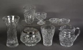 A CUT GLASS BULBOUS ROSE BOWL, with metal grille; three cut glass flower vases; a heavy cut glass