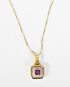18ct GOLD SNAKE CHAIN NECKLACE and the 18ct GOLD SQUARE PENDANT set with four rubies and surround of