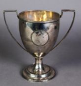 GEORGE III PLAIN SILVER TWO HANDLED TROPHY CUP, of typical form with angular scroll handles, 8” (