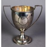 GEORGE III PLAIN SILVER TWO HANDLED TROPHY CUP, of typical form with angular scroll handles, 8” (