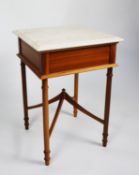 A LATE 20TH CENTURY WALNUT JARDINIERE STAND, with white composite marble square top, on four slim