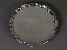 CHIPPENDALE STYLE PRESENTATION SILVER SALVER BY ROBERTS & BELK, of typical form with volute scroll