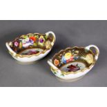 PAIR OF SPODE 19TH CENTURY PORCELAIN SMALL TWO HANDLED OVAL BOWLS, the exterior osier moulded, the