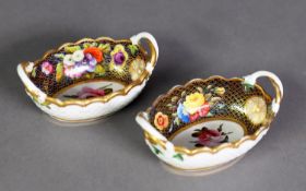 PAIR OF SPODE 19TH CENTURY PORCELAIN SMALL TWO HANDLED OVAL BOWLS, the exterior osier moulded, the