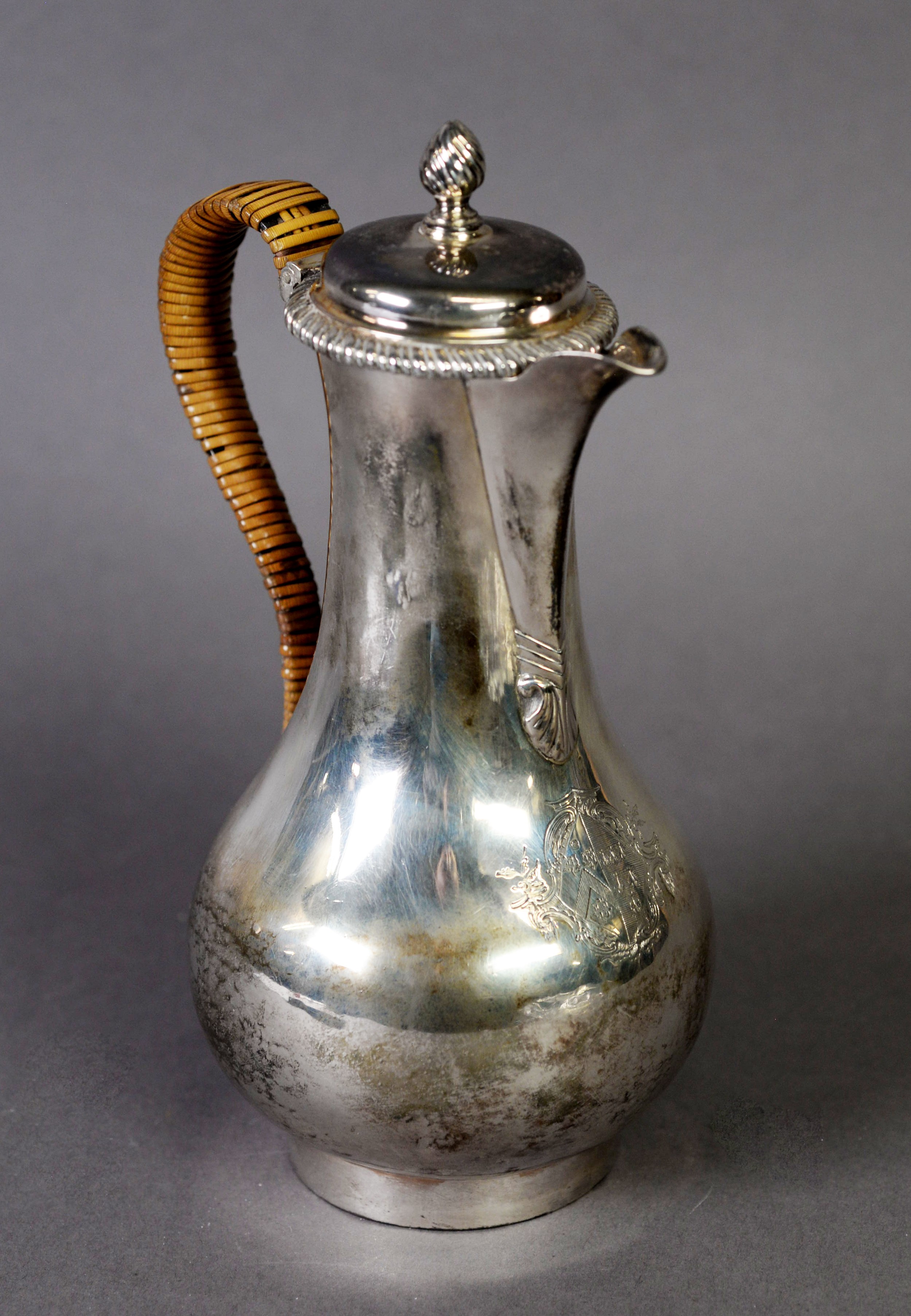 GEORGE III ARMORIAL CRESTED SILVER SMALL COFFEE POT AND COVER BY JOHN PARKER I & EDWARD WAKELIN,