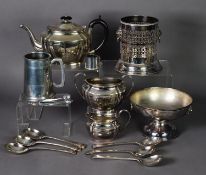 MIXED LOT OF ELECTROPLATE, comprising: THREE PIECE TEASET, ROSE BOWL WITH GRILLE, PIERCED SYPHON