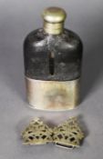 LEATHER CLAD HIP FLASK WITH PULL-OFF ELECTROPLATED CUP TO THE BASE, 5 ½” (14cm) high, together