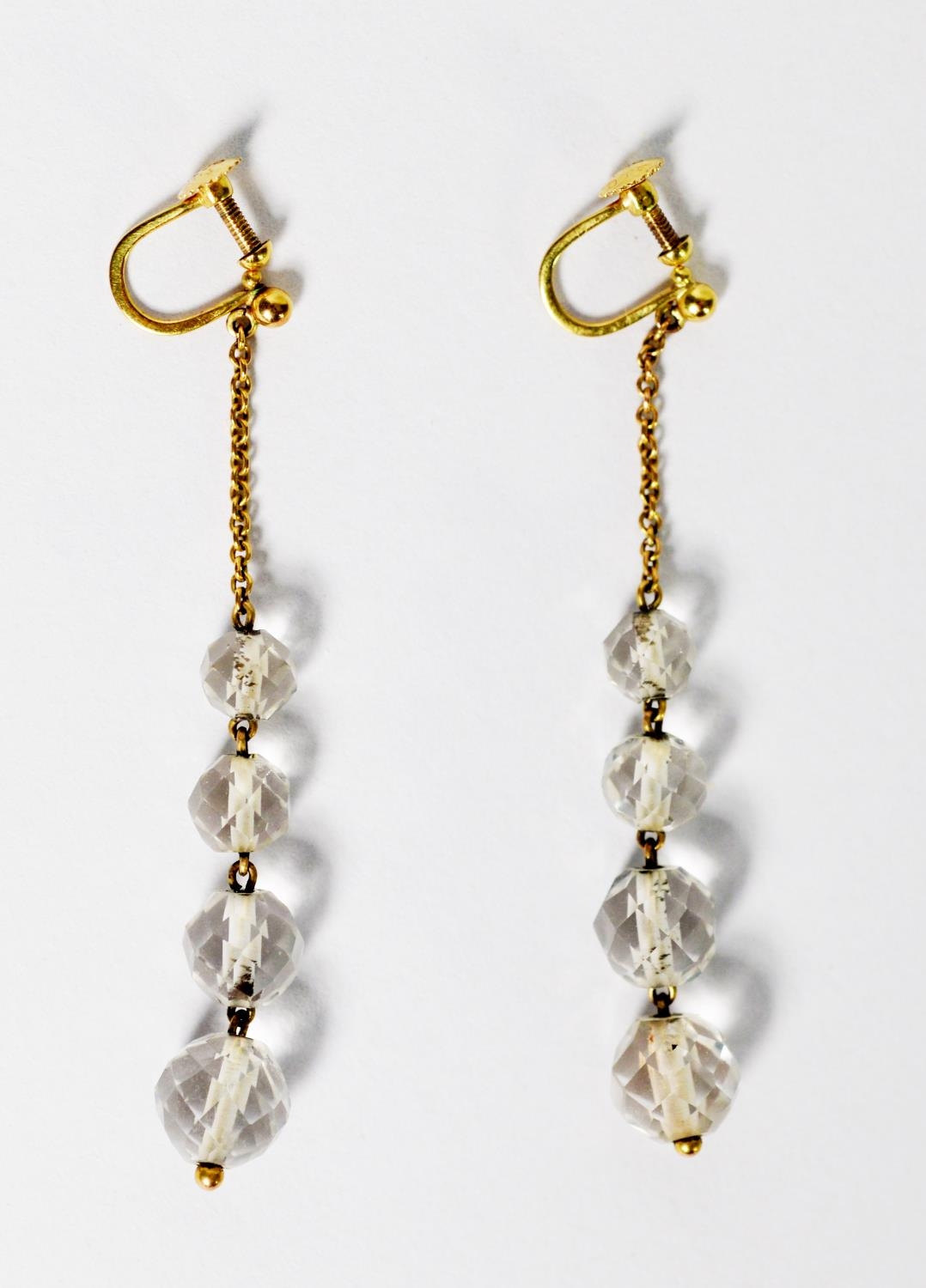 PAIR OF 9ct GOLD SCREW-FASTENING DROP EARRINGS, with fine chain suspending four faceted crystal