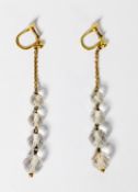 PAIR OF 9ct GOLD SCREW-FASTENING DROP EARRINGS, with fine chain suspending four faceted crystal