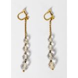 PAIR OF 9ct GOLD SCREW-FASTENING DROP EARRINGS, with fine chain suspending four faceted crystal