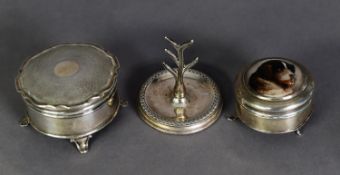 TWO INTER-WAR YEARS SILVER BLUE SILK LINED TRINKET BOXES, one with hinged engine turned top, the