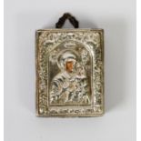 SMALL RELIGIOUS ICON MARY & INFANT JESUS, the repousse silver revealing only the painted heads,