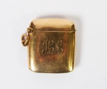 9ct GOLD VESTA BOX, plain rectangular and cushion shaped, with ring hanger, with engraved initials