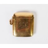 9ct GOLD VESTA BOX, plain rectangular and cushion shaped, with ring hanger, with engraved initials