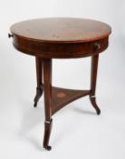 AN EARLY 20TH CENTURY WALNUT DRUM TOP CENTRE TABLE, with central marquetry and boxwood line inlay,