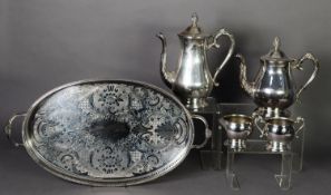 FOUR PIECE ELECTROPLATED TEA AND COFFEE SET, of pyriform with leaf capped scroll handles and
