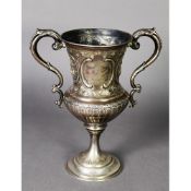 VICTORIAN SILVER TWO HANDLED TROPHY CUP, with semi-lobed campana shaped bowl on waisted stem,