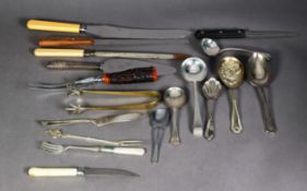 CASED THREE PIECE CARVING SET WITH BUCK HORN HANDLES, and a SMALL QUANTITY OF SERVING CUTLERY, and a