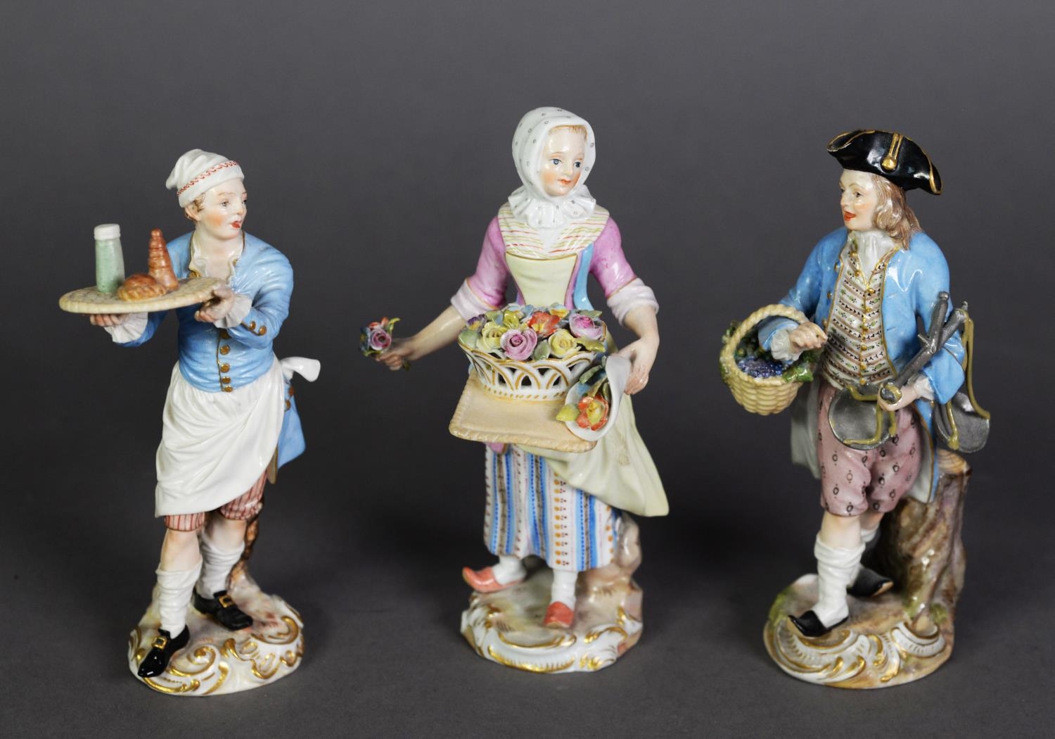 SET OF THREE LATE 19TH CENTURY MEISSEN PORCELAIN FIGURES, vendors of Paris – waiter carrying a tray,