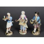 SET OF THREE LATE 19TH CENTURY MEISSEN PORCELAIN FIGURES, vendors of Paris – waiter carrying a tray,