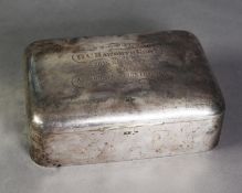 EDWARD VII PLAIN SILVER CLAD PRESENTATION LARGE TABLE CIGARETTE BOX BY WALKER & HALL, of rounded