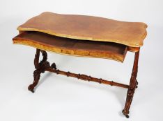 VICTORIAN FIGURED WALNUT SIDE TABLE, or writing table c.1880, with one long, shallow, frieze