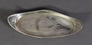 GEORGE III SILVER NARROW ELLIPTICAL BOAT-SHAPE TEAPOT STAND OR SPOON TRAY, with beaded rim and