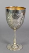 VICTORIAN EMBOSSED SILVER PRESENTATION GOBLET BY FREDERICK ELKINGTON, with gilt interior, beaded