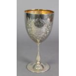 VICTORIAN EMBOSSED SILVER PRESENTATION GOBLET BY FREDERICK ELKINGTON, with gilt interior, beaded