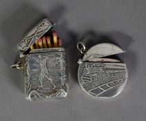 TWO STERLING SILVER NOVELTY VESTA CASES, one of typical form, embossed with a golfer, beneath