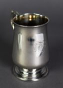 GEORGE III SILVER HALF-PINT BALUSTER SHAPE MUG, with leaf-capped scroll handle, engraved with