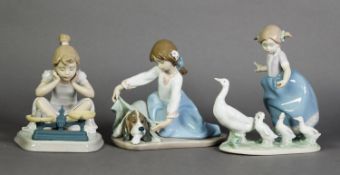 THREE LLADRO FIGURE GROUPS, Girl with Geese and Goslings, Bedtime for Bloodhound, and Girl with