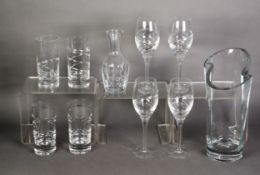 SET OF NINE JASPER CONRAN MODERN CUT GLASS TALL WINE GOBLETS with drawn stems, FOUR MATCHING