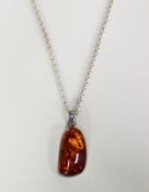 SILVER CHAIN NECKLACE with large cabochon amber pendant in silver frame