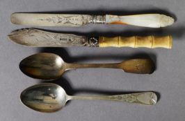 FOUR PIECES OF GEORGE III AND LATER SILVER FLATWARE, comprising: FIDDLE PATTERN TEASPOON,