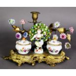 FRENCH LATE 19TH CENTURY ORMOLU AND PORCELAIN DESK STAND, in rococo style with rear candlestick,