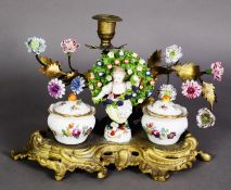 FRENCH LATE 19TH CENTURY ORMOLU AND PORCELAIN DESK STAND, in rococo style with rear candlestick,