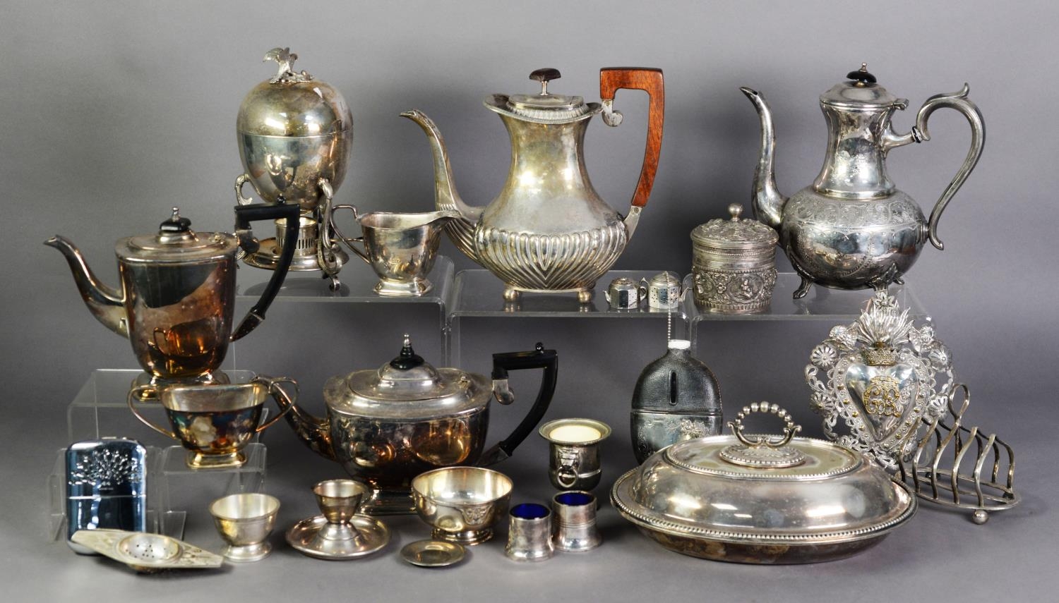 SELECTION OF ELECTRO-PLATED ITEMS including an entree dish, four piece tea and coffee service, egg