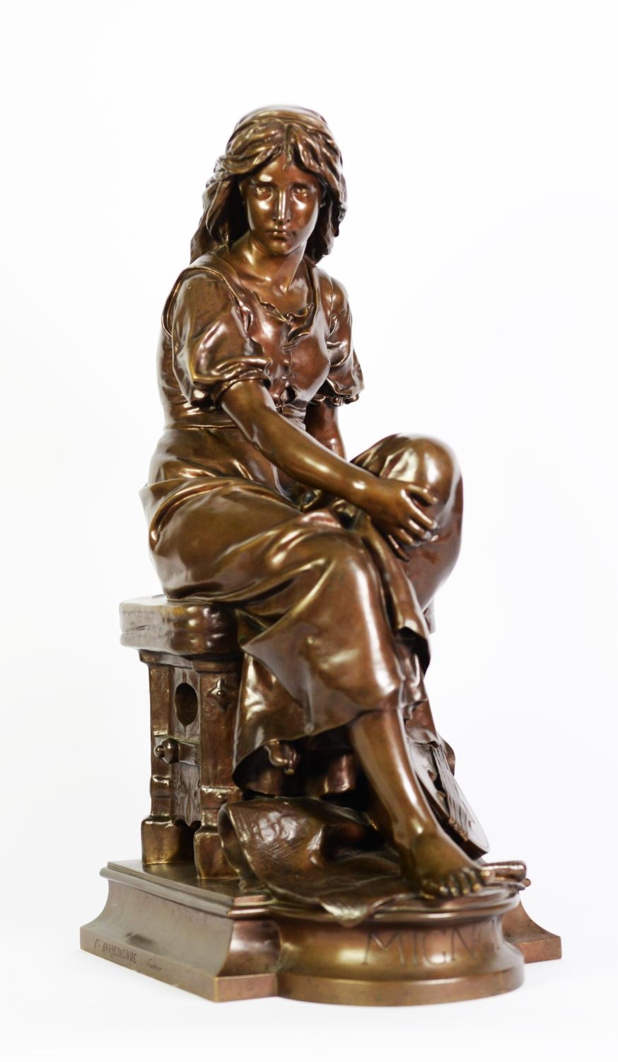 EUGÈNE AIZELIN, BARBEDIENNE BRONZE MIGNON, a seated female figure, barefoot and wearing a headscarf, - Image 2 of 5