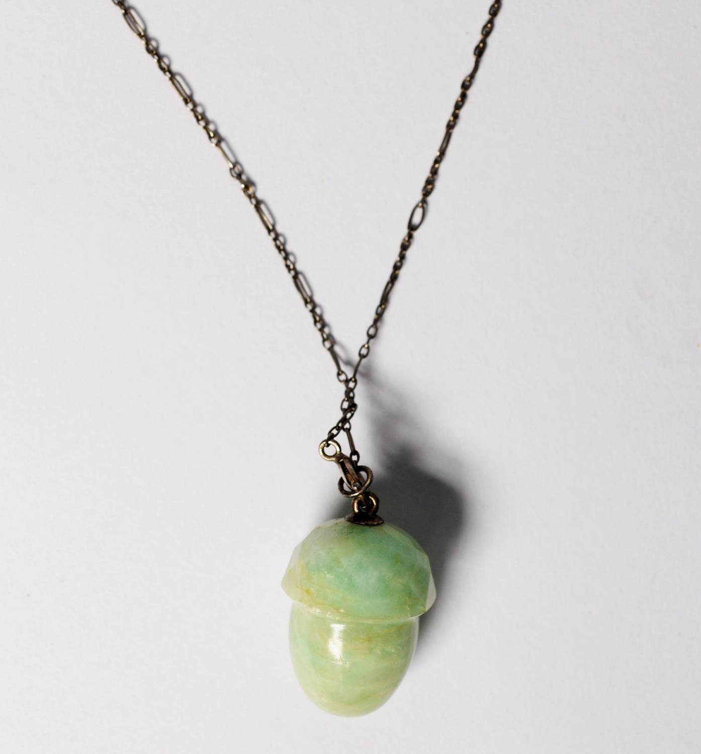 SILVER COLOURED METAL FINE CHAIN NECKLACE, 32in (81cm) long, with faceted pale grey green jade acron