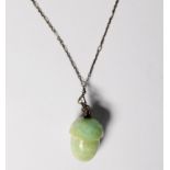 SILVER COLOURED METAL FINE CHAIN NECKLACE, 32in (81cm) long, with faceted pale grey green jade acron