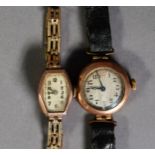 EARLY TO MID 20th CENTURY LADY'S 9ct GOLD TONNEAU SHAPED WRISTWATCH on yellow metal adjustable