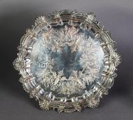 MODERN CHIPPENDALE STYLE SILVER PLATED ON COPPER SALVER, with shell capped, moulded border,