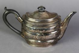 GEORGE III TEAPOT BY ROBERT & DAVID HENNELL, of elliptical form with flat hinged cover, black scroll