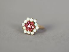 VINTAGE 9ct GOLD HEXAGONAL CLUSTER RING, centre cluster of 7 garnets and a border of 12 small