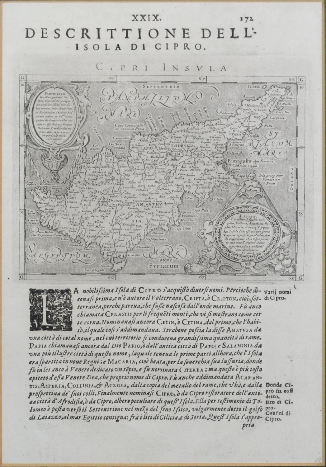 18TH CENTURY ITALIAN BOOK MAP OF CYPRUS, with engraved plate and descriptive text to both sides, 11"
