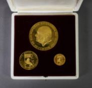 WINSTON CHURCHILL ‘THIS WAS THEIR FINEST HOUR’ CASED COMMEMORATIVE SET OF THREE GOLD MEDALLIONS, 71g